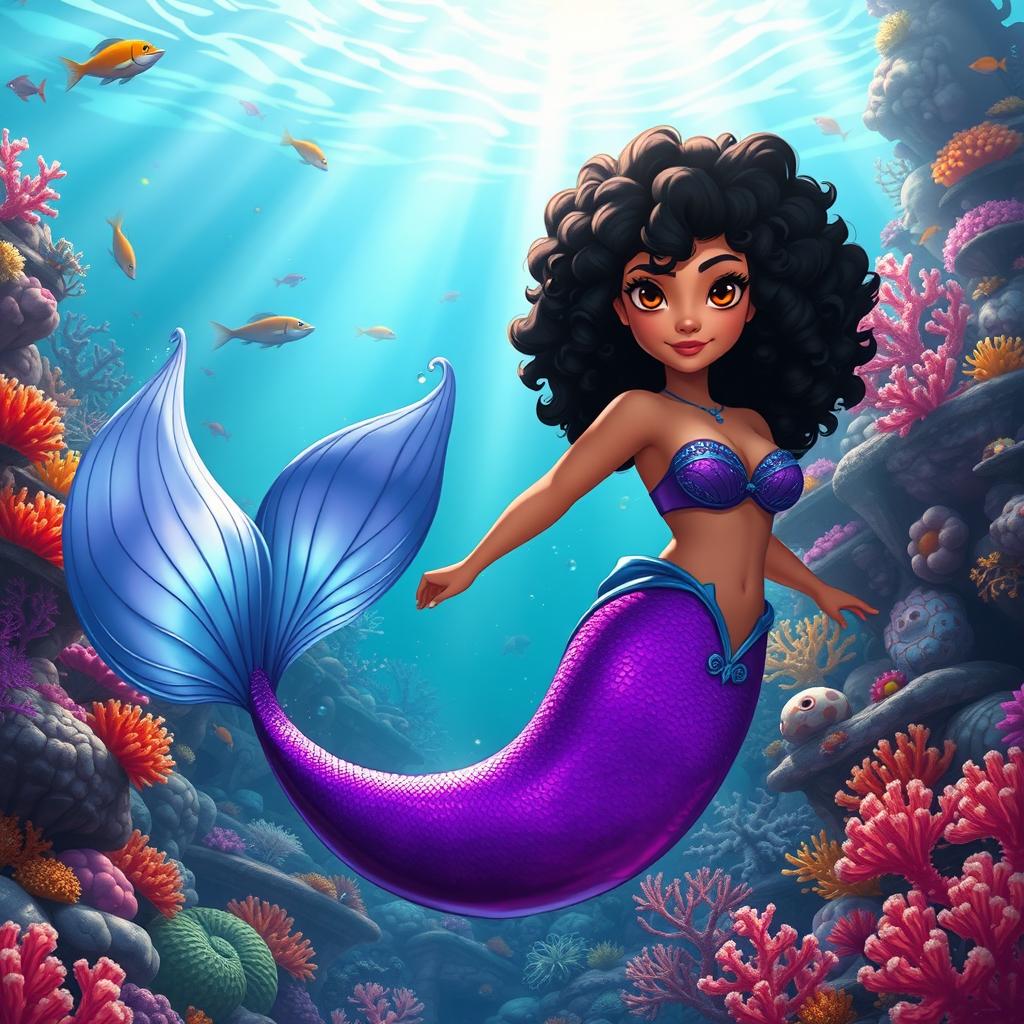 An adult animated scene featuring a Latina mermaid with very curly, short black hair and expressive brown eyes