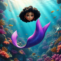 An adult animated scene featuring a Latina mermaid with very curly, short black hair and expressive brown eyes