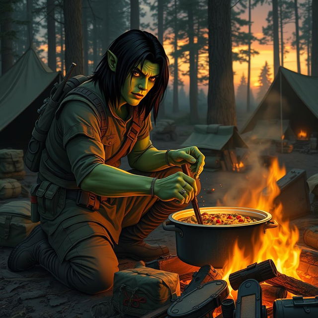 A 20-year-old green half-orc with medium-length black hair and captivating orange eyes, cooking at a soldier's campfire