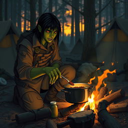 A 20-year-old green half-orc with medium-length black hair and captivating orange eyes, cooking at a soldier's campfire