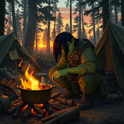 A 20-year-old green half-orc with medium-length black hair and captivating orange eyes, cooking at a soldier's campfire