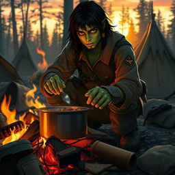 A 20-year-old green half-orc with medium-length black hair and captivating orange eyes, cooking at a soldier's campfire