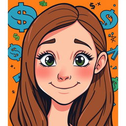 Create a book cover featuring a beautiful young woman in cartoon style with long brown hair and a small nose