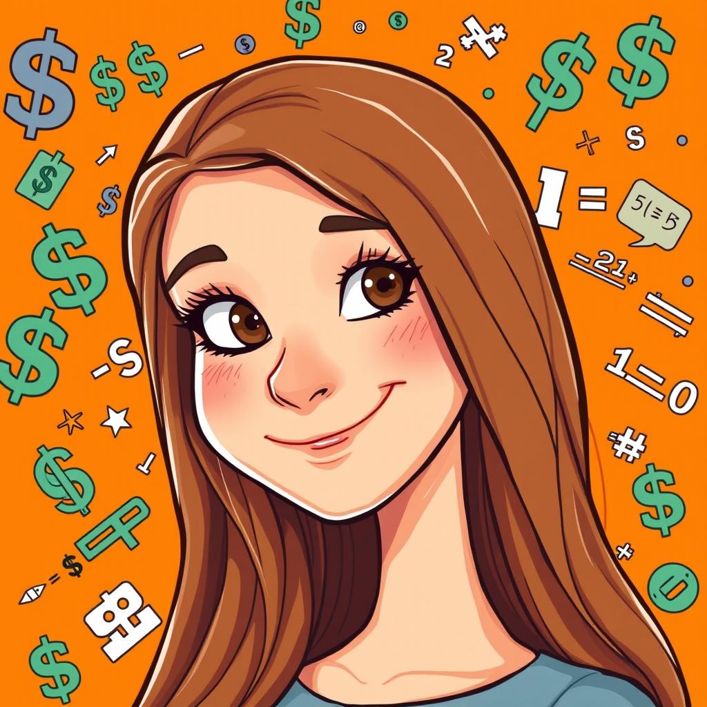 Create a book cover featuring a beautiful young woman in cartoon style with long brown hair and a small nose