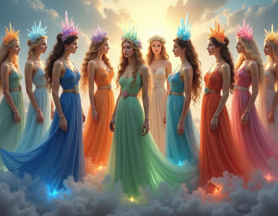 Twelve goddesses, each representing a distinct month of the year, standing in an ethereal, mystical realm