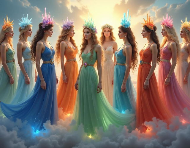 Twelve goddesses, each representing a distinct month of the year, standing in an ethereal, mystical realm