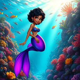 An adult animated scene featuring a Latina mermaid with very curly, short black hair and expressive brown eyes