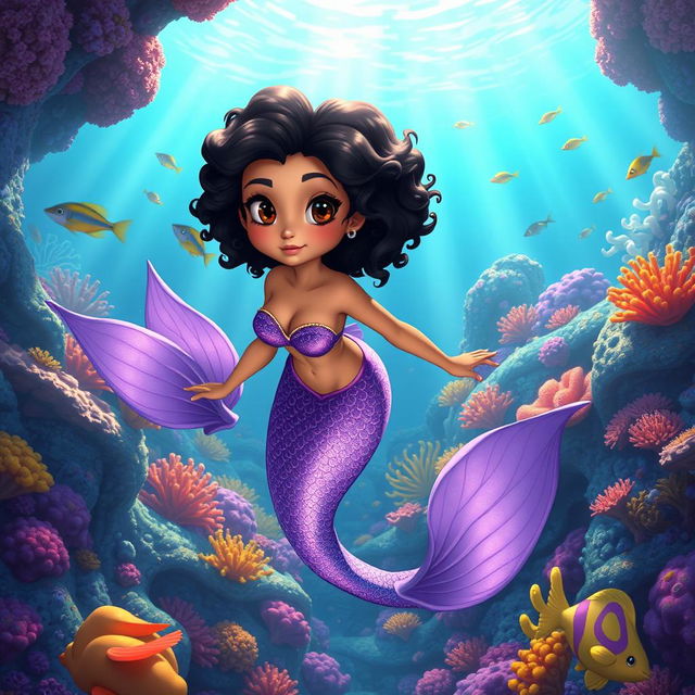 An adult animated scene featuring a Latina mermaid with very curly, short black hair and expressive brown eyes