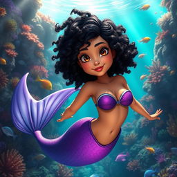 An adult animated scene featuring a Latina mermaid with very curly, short black hair and expressive brown eyes