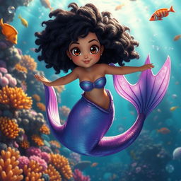 An adult animated scene featuring a Latina mermaid with very curly, short black hair and expressive brown eyes