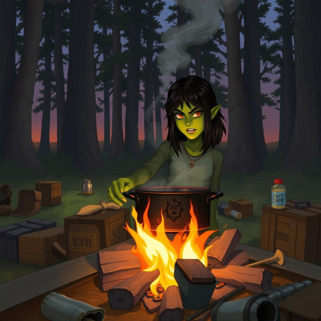 A 20-year-old green half-orc with medium-length black hair and striking orange eyes, cooking at a medieval campfire