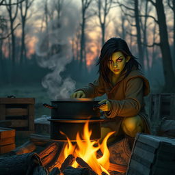 A 20-year-old green half-orc with medium-length black hair and striking orange eyes, cooking at a medieval campfire