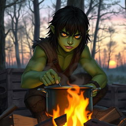 A 20-year-old green half-orc with medium-length black hair and striking orange eyes, cooking at a medieval campfire