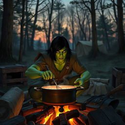 A 20-year-old green half-orc with medium-length black hair and striking orange eyes, cooking at a medieval campfire