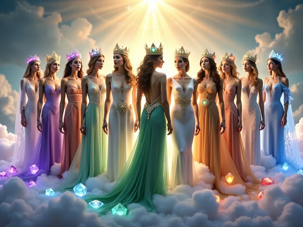 Twelve goddesses, each embodying a month of the year, stand in a mystical, ethereal setting filled with shimmering light and soft clouds