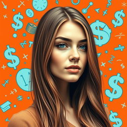 Design a book cover featuring a stunning young woman with long brown hair and a small nose in an artistic style