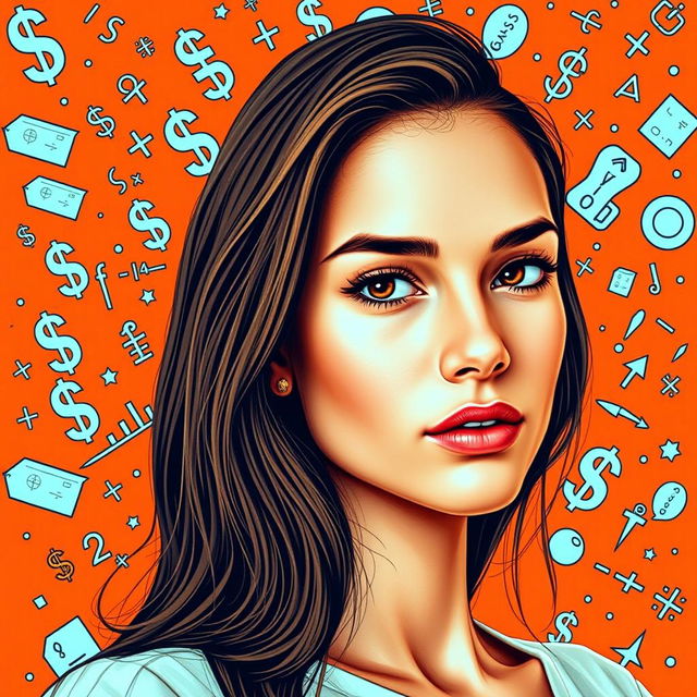Design a book cover featuring a stunning young woman with long brown hair and a small nose in an artistic style
