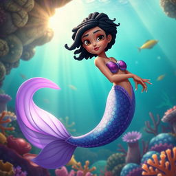 An adult animated depiction of a Latina mermaid with very twisted, short black hair and expressive brown eyes