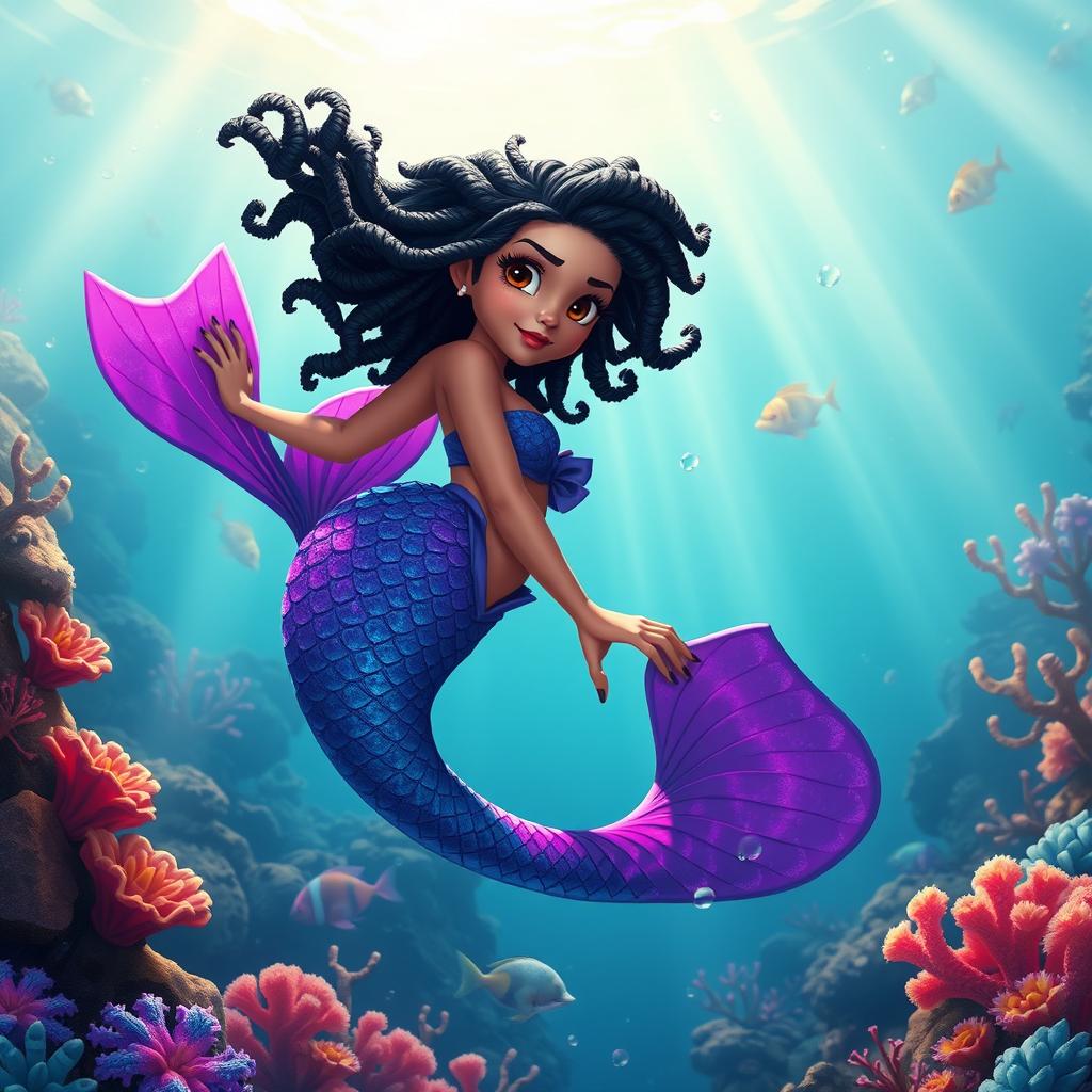 An adult animated depiction of a Latina mermaid with very twisted, short black hair and expressive brown eyes