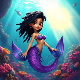 An adult animated depiction of a Latina mermaid with very twisted, short black hair and expressive brown eyes