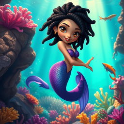 An adult animated depiction of a Latina mermaid with very twisted, short black hair and expressive brown eyes