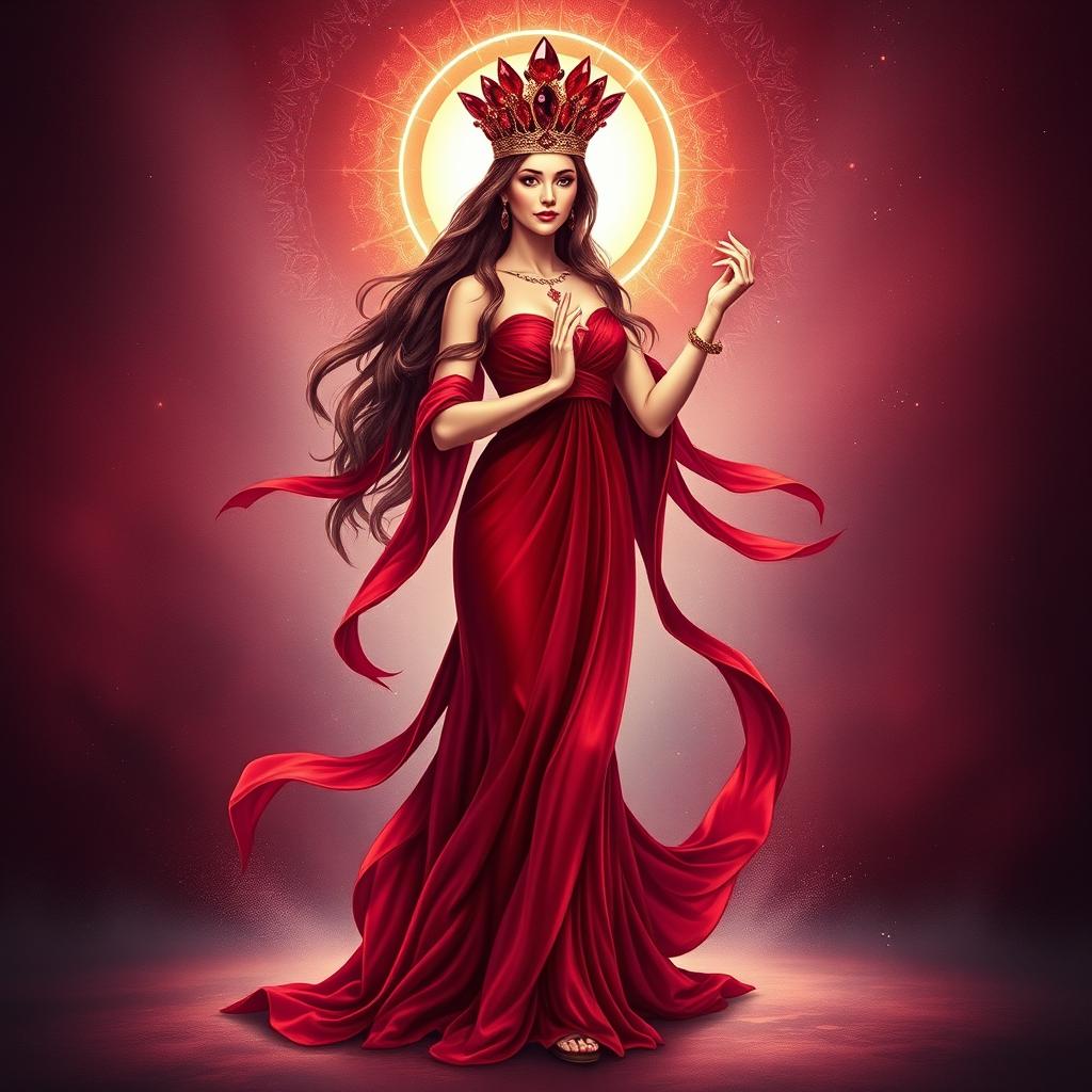 The Goddess of January stands with poise and elegance, wearing a deep red flowing dress that cascades around her like a river of rubies