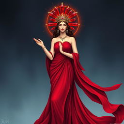 The Goddess of January stands with poise and elegance, wearing a deep red flowing dress that cascades around her like a river of rubies