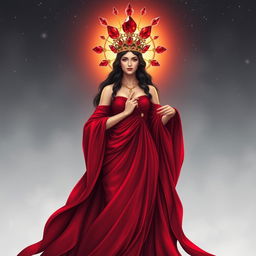 The Goddess of January stands with poise and elegance, wearing a deep red flowing dress that cascades around her like a river of rubies