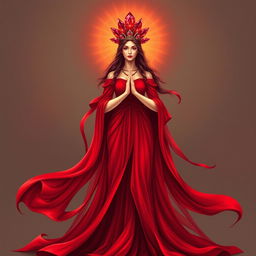 The Goddess of January stands with poise and elegance, wearing a deep red flowing dress that cascades around her like a river of rubies