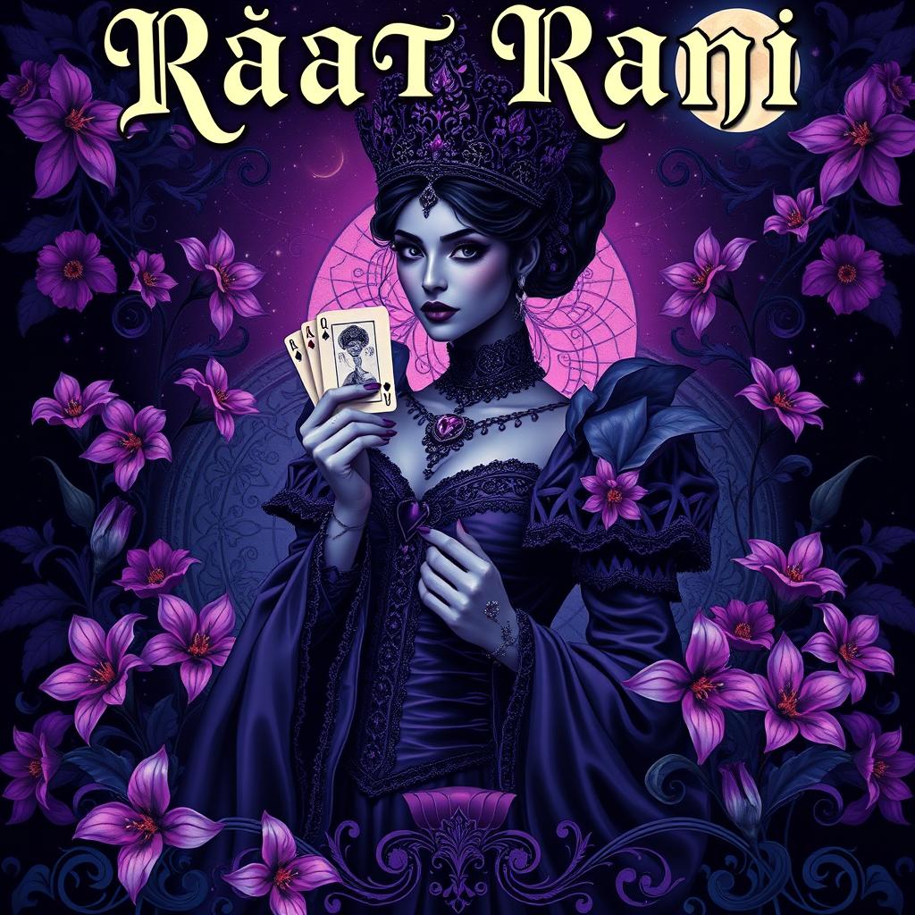 a vibrant and captivating poster featuring a 'Raat Rani' theme, with a mysterious and enchanting gothic queen front and center