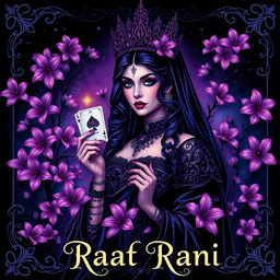 a vibrant and captivating poster featuring a 'Raat Rani' theme, with a mysterious and enchanting gothic queen front and center