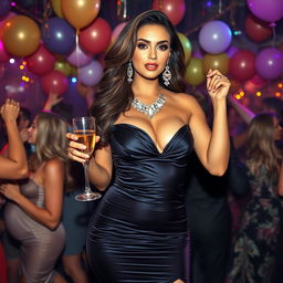 A lively party scene showcasing an elegant, sexy woman with a voluptuous figure in a stunning, form-fitting and stylish evening gown