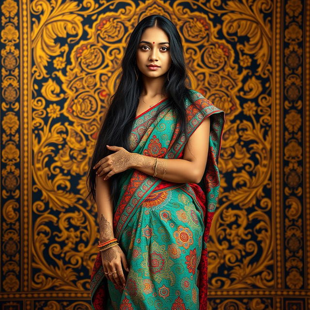 Create an artistic portrayal of a young Indian woman embracing her cultural heritage