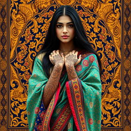 Create an artistic portrayal of a young Indian woman embracing her cultural heritage