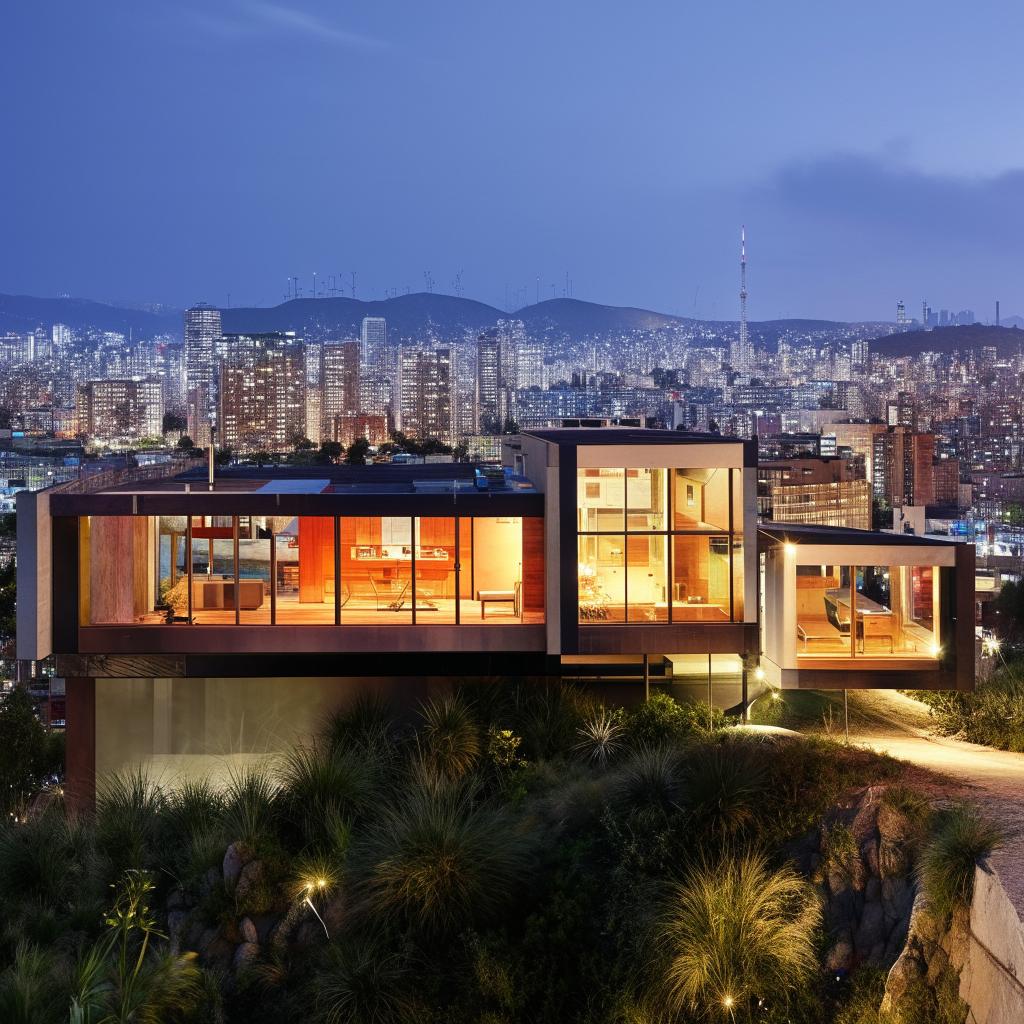 A sleek, modern house gleaming with glass and steel structures, on a hill. Its stunning design stands elegantly overlooking a vibrant cityscape below.