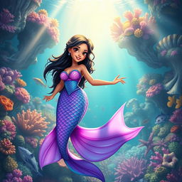 An adult animated scene featuring a Latina mermaid with very fine, twisted short black hair and expressive brown eyes