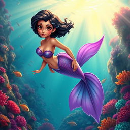 An adult animated scene featuring a Latina mermaid with very fine, twisted short black hair and expressive brown eyes