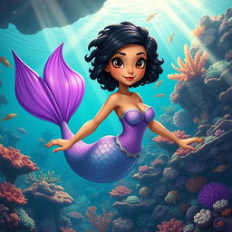 An adult animated scene featuring a Latina mermaid with very fine, twisted short black hair and expressive brown eyes