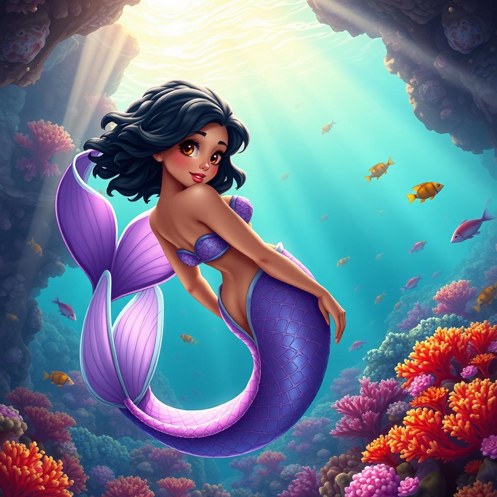 An adult animated scene featuring a Latina mermaid with very fine, twisted short black hair and expressive brown eyes