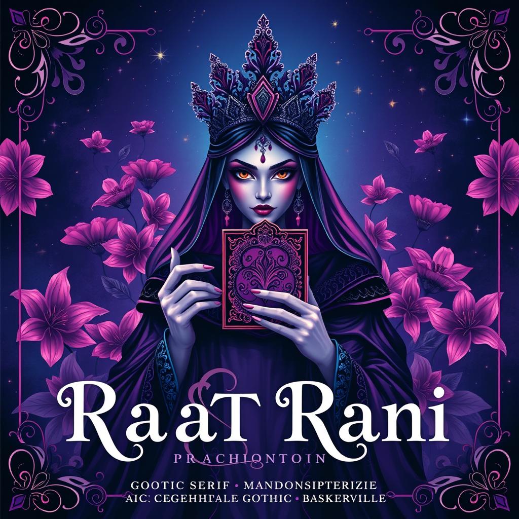 a vibrant and captivating poster featuring a 'Raat Rani' theme, with a mysterious and enchanting gothic queen front and center