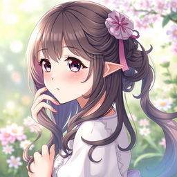 beautiful anime girl with intricate hair design, elegant and delicate features, posing gracefully in a serene garden setting, soft expression, ethereal and enchanting aura