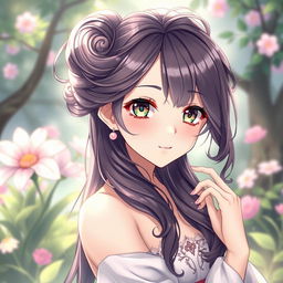 beautiful anime girl with intricate hair design, elegant and delicate features, posing gracefully in a serene garden setting, soft expression, ethereal and enchanting aura