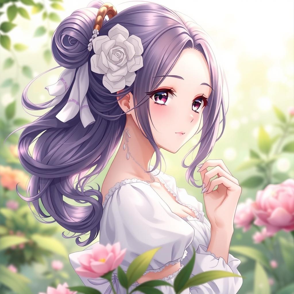 beautiful anime girl with intricate hair design, elegant and delicate features, posing gracefully in a serene garden setting, soft expression, ethereal and enchanting aura