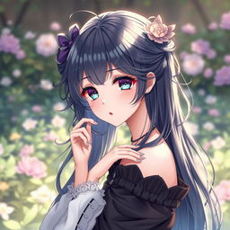 beautiful anime girl with intricate hair design, elegant and delicate features, posing gracefully in a serene garden setting, soft expression, ethereal and enchanting aura