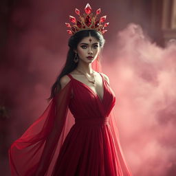 The Goddess of January stands amidst a mystical, ethereal atmosphere, wearing a deep red flowing dress that shimmers with an otherworldly light