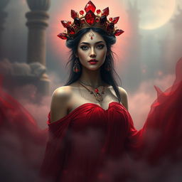 The Goddess of January stands amidst a mystical, ethereal atmosphere, wearing a deep red flowing dress that shimmers with an otherworldly light