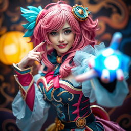 A stunning cosplayer girl in an elaborate and eye-catching costume, showcasing intricate details and vibrant colors