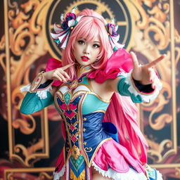 A stunning cosplayer girl in an elaborate and eye-catching costume, showcasing intricate details and vibrant colors