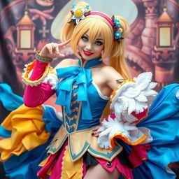 A stunning cosplayer girl in an elaborate and eye-catching costume, showcasing intricate details and vibrant colors