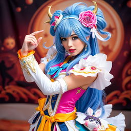 A stunning cosplayer girl in an elaborate and eye-catching costume, showcasing intricate details and vibrant colors